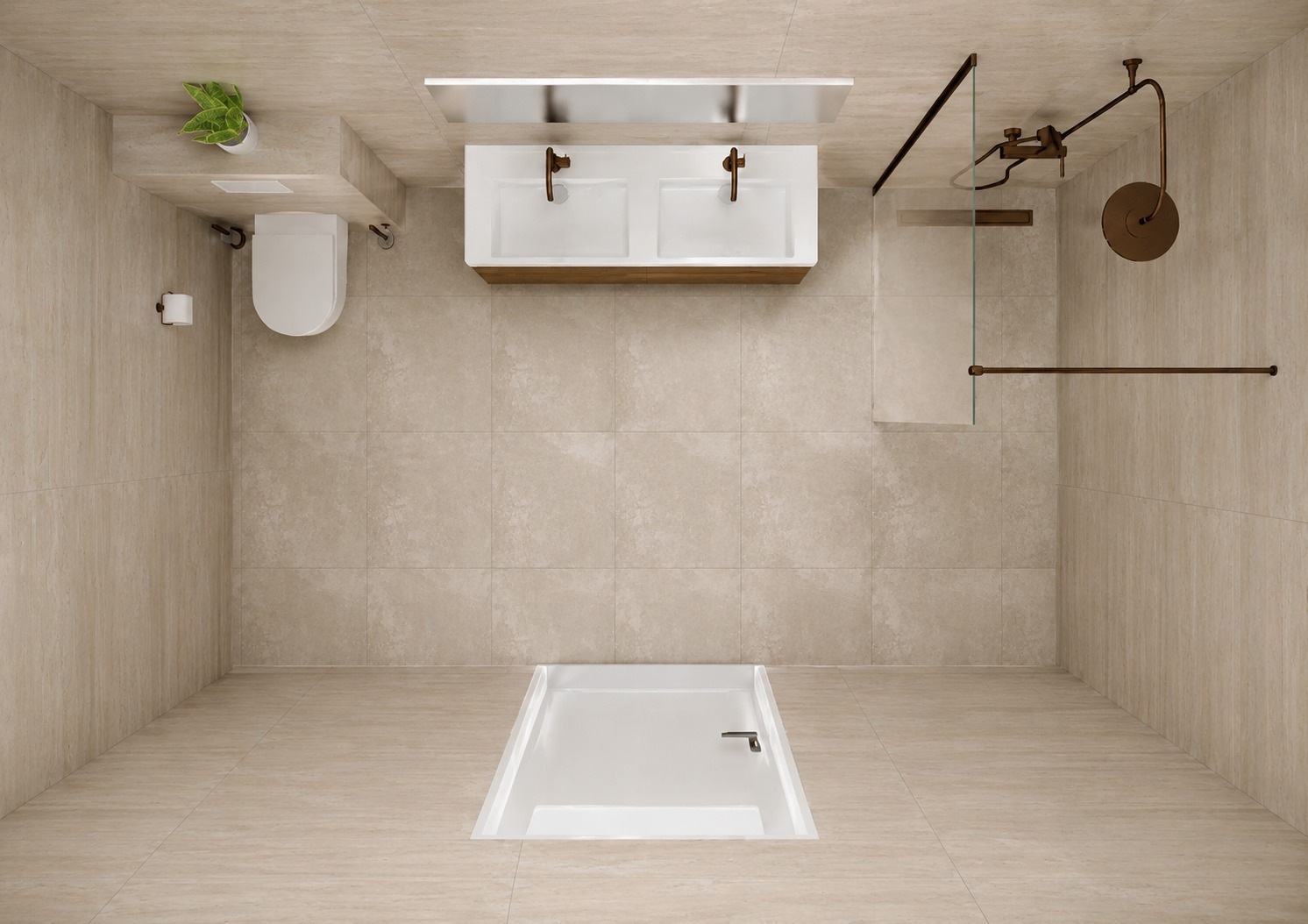 3D render badkamer — bovenaanzicht fotorealistisch