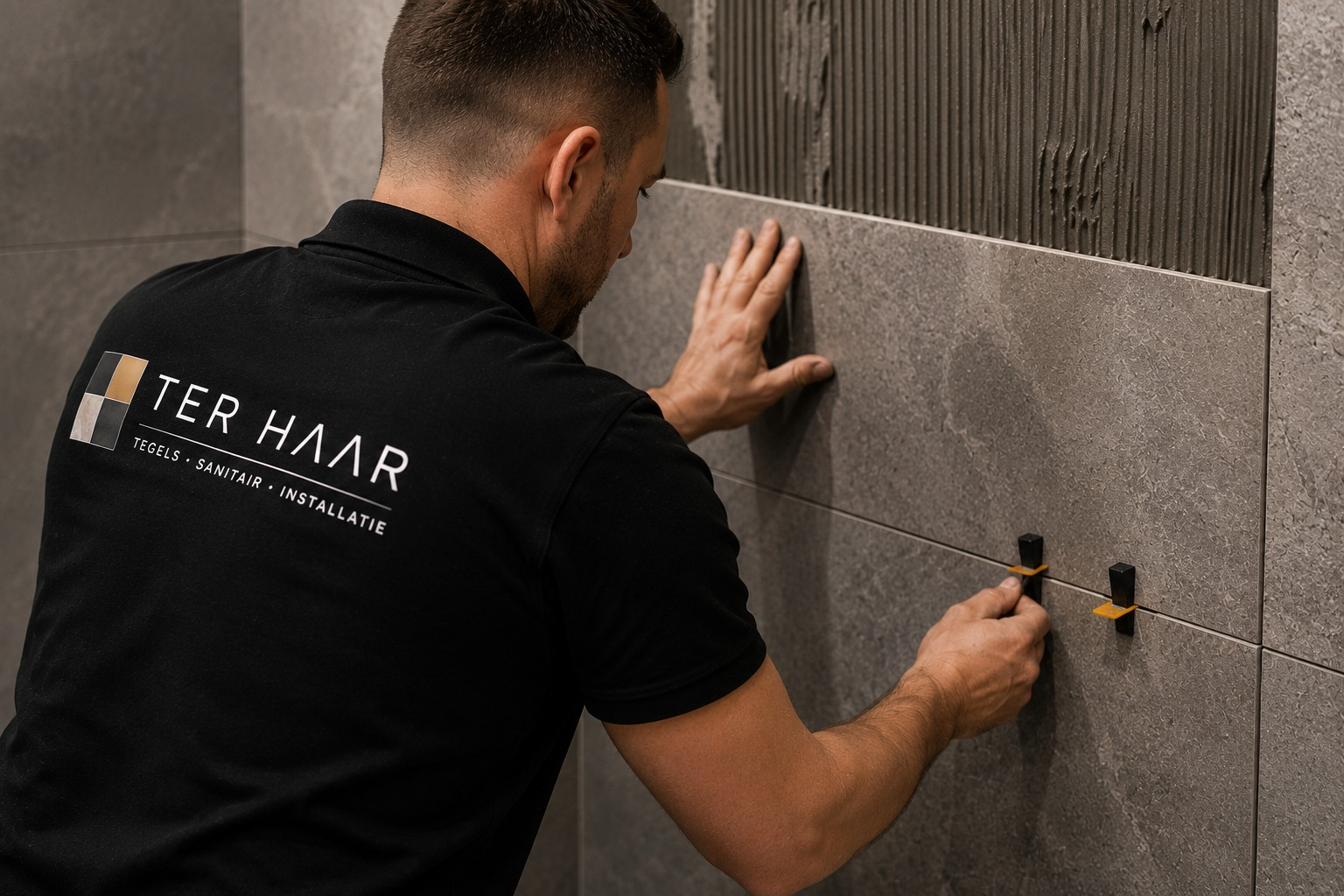 Vakman van Ter Haar Sanitair aan het werk in een badkamer in Purmerend