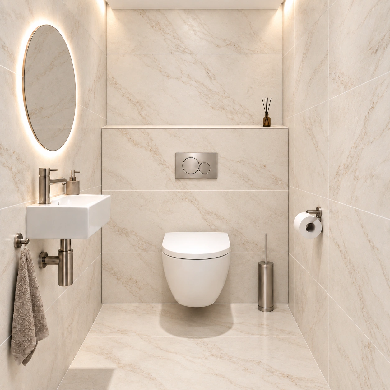 Toiletontwerp uit de Ter Haar Toiletstudio, licht marmer met planchet, ledspiegel en fontein